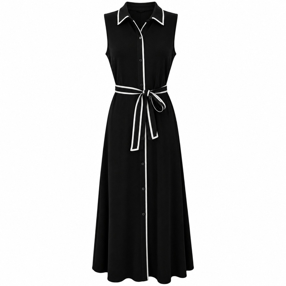 Talbots Black White Piping Sleeveless Midi Shirt Dress Belted